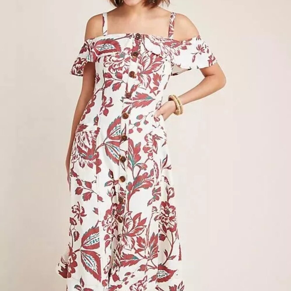 BY ANTHROPOLOGIE Linen Blend Smocked Back OAHU Dress Button Accent Pockets